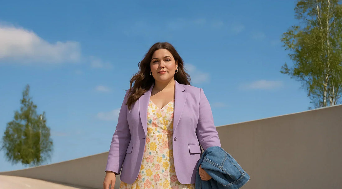 Woman in purple blazer, fjunku clothes