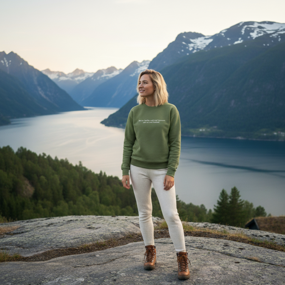 Kvinner som står på et berg og ser utover fjorden. Hun har på seg en grønn genser der det står "det er bedre med støv i hjørnet, enn et rent helvete".